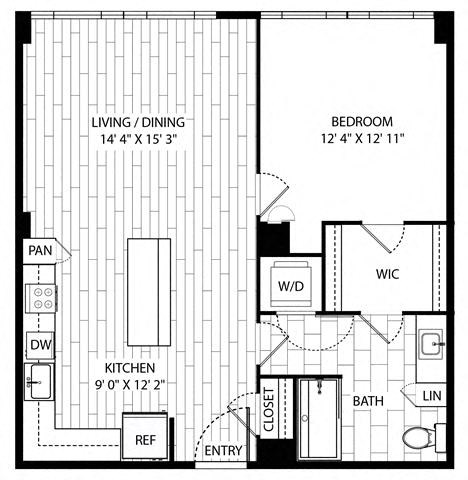 Floor plan for 1 bed, 1 bath, 759 sqft